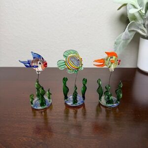 Set of 3 Hand Blown Art Glass Tropical Fish Figurines on Seaweed Murano Style